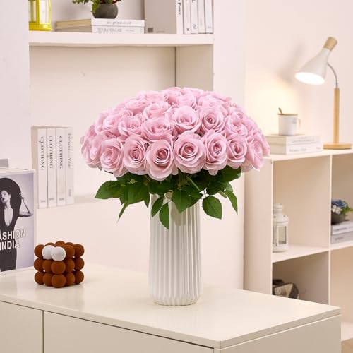 60 PCS Fake Dusty Pink Roses, Artificial Burgundy Flowers Bulk Realistic Silk Faux Rose with Stems for Wedding Decoration Anniversary Bridal Bouquet DIY Floral Arrangement Romantic Home Decor Gifts - color: Dusty Pink