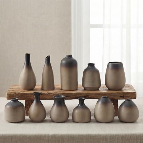 Ceramic Bud Vases, Rustic Small Vase Set of 11, Mini Pottery Vases for Flowers, Modern Farmhouse Home Decor, Clay Vases for Wedding Centerpiece, Shelf and Dinning Table Decoration - color: Vintage – 11-piece Set
