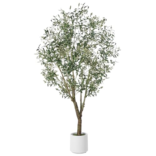 Jocoevol Olive Tree Artificial Indoor 7FT，Tall Faux Olive Tree with White Planter，Realistic Artificial Olive Tree Indoor with Natural Trunk and Lifelike Fruits for Home Office Living Room - size: 7ft