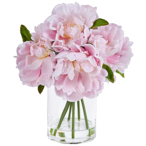 VeriNatural Artificial Pink Peony Flowers with Vase – 10.6" Fake Silk Floral Arrangements in Glass Vase with Faux Water for Home Decor, Bathroom Shelf, Centerpiece, Wedding, Gift - color: Pink