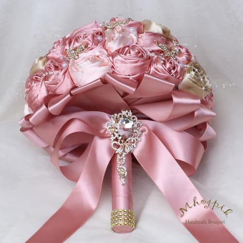 Handmade Wedding Flowers Bouquet Round Holding Bridal Bouquet Artificial Satin Roses Bunch for Bride Bridesmaid Wedding Quinceanera - color: Blush Pink, Light Salmon & Camel Brown, size: Large (Dia. 9.8"/25cm)