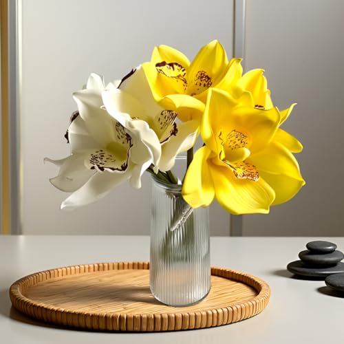 8Pcs Real Touch Artificial Cymbidium Orchids Bouquet, White and Yellow Realistic Silk Artificial Orchids, Artificial Flowers Outdoor Fake Flowers Green Shrubs Plants for Wedding Home Decoration