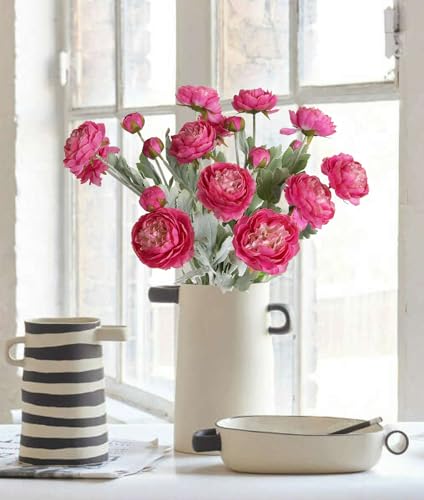 IPOPU Hot Pink Flowers Fake Peonies Artificial Ranunculus Flowers 6pcs 18Heads Hot Pink Silk Flowers 20.47" for Faux Floral Arrangements Wedding Bouquets Home Table Decor - color: Hot Pink
