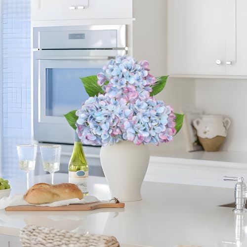 3Pcs Baby Blue Hydrangea Artificial Flowers 19.7 in Real Touch Faux Hydrangea Stems Silk Flowers with Stems Fake Blue Flowers Bouquet for Floral Arrangements Table Centerpieces Wedding Home Decor - color: Blue Mixed Pink