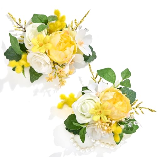 Serwalin 2 Pcs Wrist Corsage and Boutonniere Set, 6-7 Inch Yellow Corsage for Wedding, Boutonniere for Men Corsage Wristlet Prom Ceremony Anniversary Accessories Suit - color: Yellow, size: 1 Boutonniere & 1 Wrist Corsage-2pcs