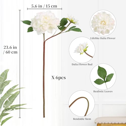 6pcs Large Faux Dahlia Artificial Flowers White Fake Silk Dahlia Flowers with Long Stem for DIY Wedding Party Floral Arrangements Home Tables Decoration（White - color: White