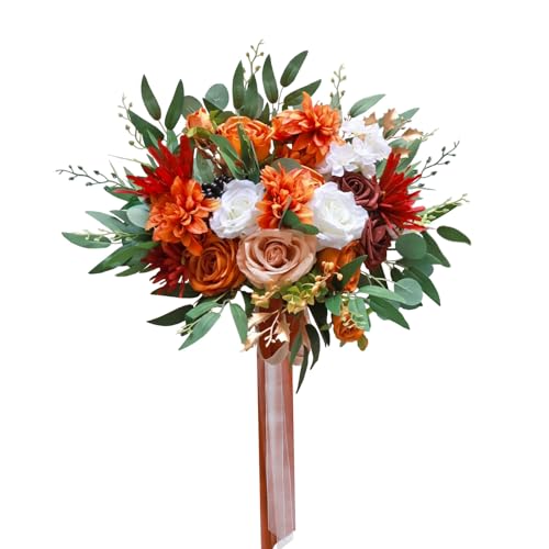 CherishedMoments Bridal Wedding Bouquet,18 Inch Burnt Orange Artificial Flowers Bridal Cascading Bouquets, Vintage Fall Wedding Bouquets for Wedding Ceremony and Anniversary - color: Burnt Orange