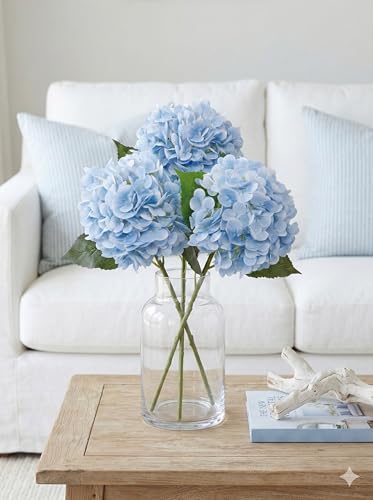 3 Pcs Real Touch Blue Hydrangea Artificial Flowers - 20" Large 3D Latex Light Blue Faux Hydrangeas (Waterproof & 176 Petals) for Baby Shower, Dusty Blue Home Bathroom Living Room Centerpiece - color: Light Blue