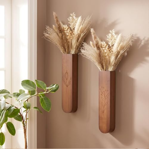 Wood Wall Vase Set of 2, 11.6 x 2.52 x 1.37 inch for Dried Flowers and Faux Greenery Plants for Bathroom,Kitchen,Farmhouse,Dining Room Wall Decor （Brown - color: Brown