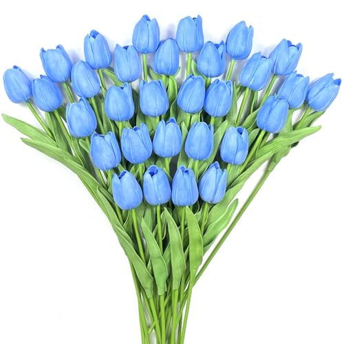 30 PCS Artificial Tulips Real Touch Tulips 13.5inch Long Stem Fake Flowers Silk Flowers for Spring Easter Mother's Day Decorations（Light Blue） - color: Light Blue