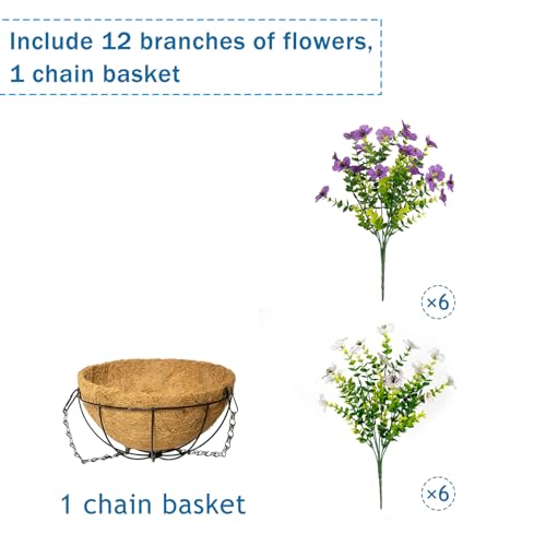 Artificial Hanging Flowers for Outdoors with Basket,UV Resistant Realistic Faux Hanging Plants Outdoor Artificial Flowers for Outdoors Basket for Yard Porch Patio Garden Home Decor,12 Bundles Mix - color: Purple+white