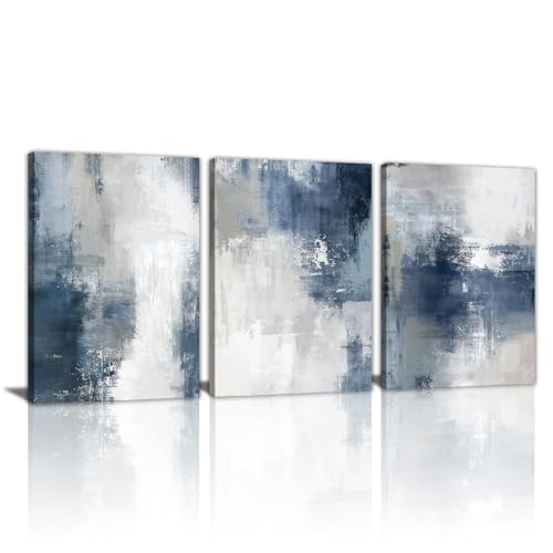 WENGTIAO 3 Pcs Navy Blue Abstract Canvas Wall Art Prints Modern Minimalist Blue Gray Artwork for Walls Framed White Neutral Poster Paintings Decor for Living Room Bedroom Bathroom Office 16x24x3Pcs - color: Abstract-blue, size: 16"x24"x3Pcs