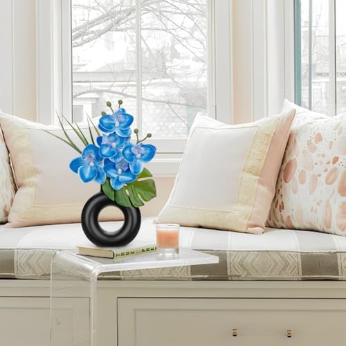 Briful 2PCS Blue Orchid Fake Flowers in Black Ceramic Pot Silk Orchid Floral Arrangement Faux Orchid Plant for Home Office Room Shelf Table Centerpiece Modern Decor - color: Blue