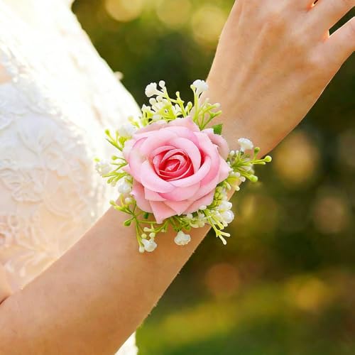 Wedding Corsage Wristlet Red Rose Wrist Corsage for Women (Pink) - color: Pink