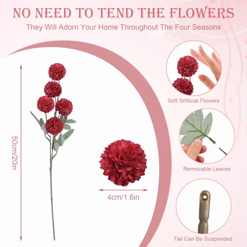 INQCMY Artificial Flowers 12 Pcs Fake Chrysanthemums Faux Kiku Flower Long Stem 20" Realistic Silk Pompon Mums for Vase Wedding Bouquets Centerpieces Home Decor (Red) - color: Red