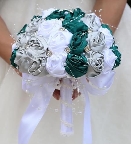Ujicde Romantic Wedding Bouquet Bridal Bridesmaid Round Bling Brooch Bouquet Throw Toss Artificial Rose Flower Bunch with Sparkle Rhinestone Crystal Decoration(Green White,Dia. 6.3"*16cm) - color: Green White, size: Dia. 6.3"*16cm