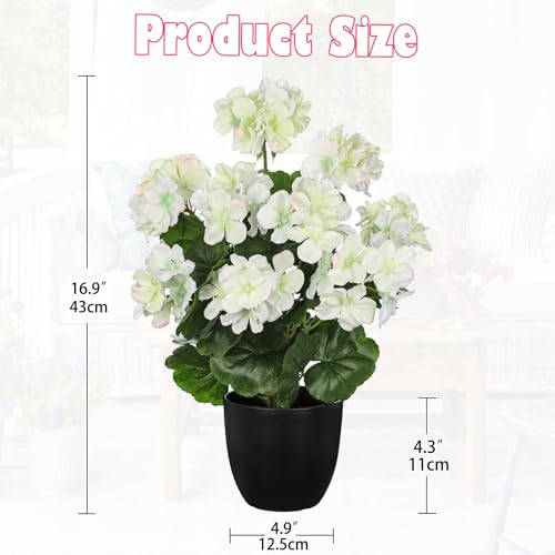 Briful 17” Geraniums Artificial Flowers Realistic Potted Plant – White Fake Geraniums for Outdoors, Silk Flowers Artificial Outdoor Plants for Indoor Home Decor, Farmhouse Table Centerpiece Decoration - color: 16.9'' Tall White