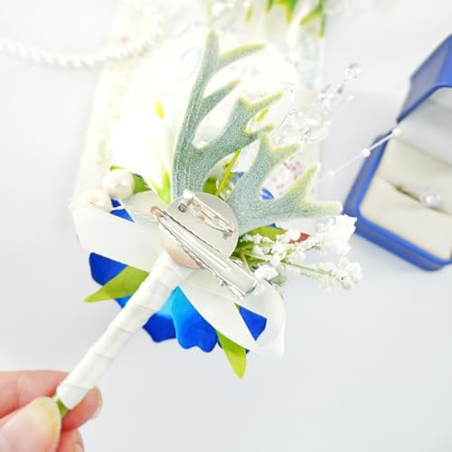 Royal Blue White Corsage and Boutonniere Set for Wedding Prom, Artificial Rose Flower Wrist Corsage Bracelets, Homecoming Corsage Wristlet, Boutonniere for Men Wedding Suit Decorations