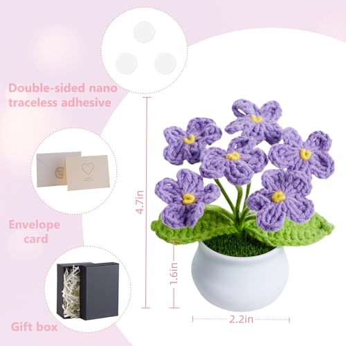 Purple Crochet Flowers Cute Handmade Knitted Potted Flower Plants Valentines Gift for Women Female Teacher Birthday Anniversary Decor for Car Dashboard Home Room Office Desk Decorations - color: Purple
