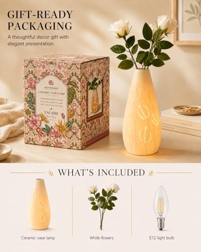 TACAHE Ceramic Vase Table Lamp, 2700K Bulb & 3 Artificial Flowers Included, E12 Socket, Inline Switch, Handmade Openwork Craft, Ambient Light for Living Room Bedroom - Tulip 11" - style: Tulip