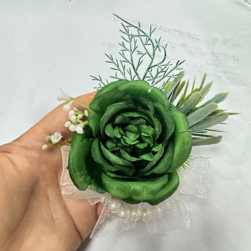 Rikyo Rose Wrist Corsage Wristlet Band and Men Boutonniere Set, Corsage for Prom, Bride Hand Flower, Wedding Flowers Ceremony, Wedding Party Prom Decor, Handmade Petals Hair Hat Wreath, Green - color: Green