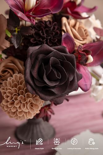 Ling's moment Artificial Wedding Flowers Combo, Fake Greenery for DIY Bouquets Centerpieces Decorations Foam Rose Hydrangea with Stems for Party Home Decor, Earth Brown & Black Baccara, Deluxe Combo - color: Earth Brown & Black Baccara & Plum, size: Delux