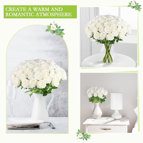 Hananona 50 Pcs Artificial Roses in Bulk, Fake Velvet Silk Roses Realistic Rose for Wedding Centerpieces Flower Arrangement Home Decor (50, White) - color: White