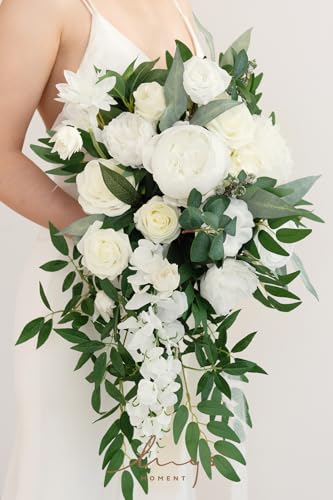 Ling's moment White Bridal Bouquet Cascading, Ivory Wedding Bouquets for Bride, 15 Inch Bride Bouquets for Wedding Artificial Flowers Bouquets - color: Wht-white & Ivory, size: Medium 15 Inch
