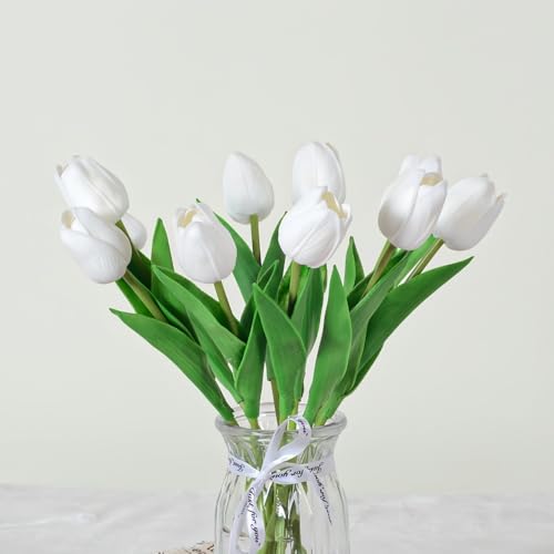 Artificial Flowers Tulips Fake Flowers Real Touch Latex Tulips Faux Flowers Bouquet for Wedding Party Arrangements Home Decor and Baby Shower Centerpieces (10, White) - color: White