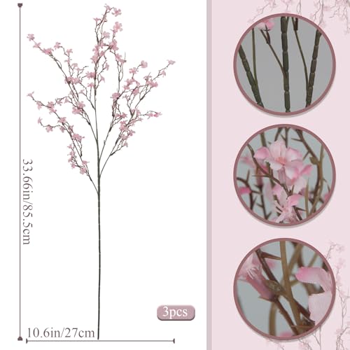 3 Pcs Cherry Blossom Branches Artificial Flowers for Spring Summer Indoor Decoration Faux Cherry Blossom Long Stems Light Pink Silk Fake Flowers for Tall Vase Arrangements Home Wedding Table - color: Light Pink