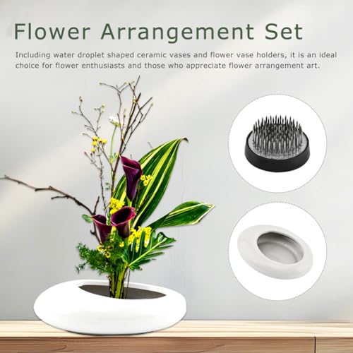Flower Frog Vase Kit, Japanese Ikebana Flower Arrangement with 1.57 Inch Kenzan Ceramic White Pebble Shaped Bowl, 2-in-1 Flowers Arrangement Kenzan Needle Straightening Tool(Color:White) - color: White