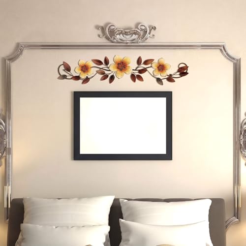 Wesiti Metal Flower Wall Decor Vintage Metal Flower Wrought Iron Scroll Sculpture 15.7''x3.7'' Not 3D, Flat Farmhouse Leaf Wall Decor with Nails for Summer Bedroom Kitchen Indoor Outdoor(Yellow) - color: Yellow
