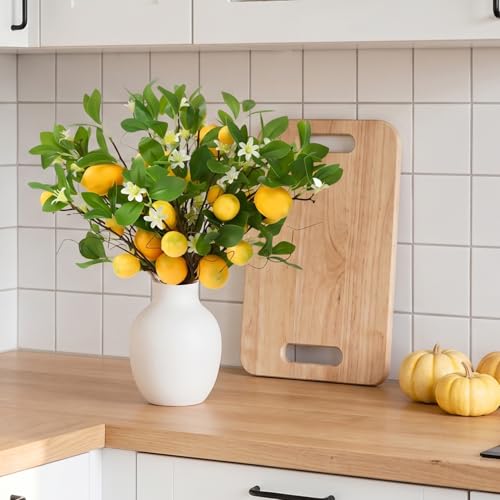 4 Pack Artificial Lemon Branches 8 Heads Per Stem Faux Lemons with Leaves Kitchen Table Centerpiece Decor Fake Lemon Tree for Vases Farmhouse Party Summer Home Yellow Decorations