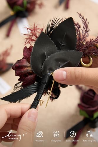 Ling's Moment Boutonniere for Men Wedding,Set of 6 , Groom and Groomsmen Boutonniere for Wedding Homecoming Halloween Ceremony Anniversary, Dinner Party, Prom Flowers and Fall Vintage Wedding - color: Blk-black & Gothic Burgundy