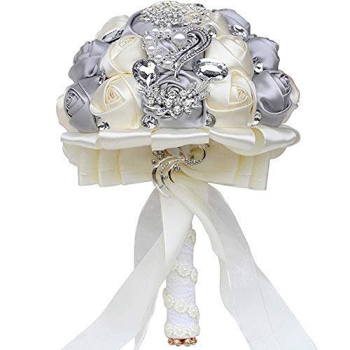 Wedding Bouquets Crystal Satin Rose Bride Bridal Bouquet Romantic Bridesmaid Holding Flower for Valentine's Day Confession Party Church Decor (Silver Creamy) - color: Silver Creamy