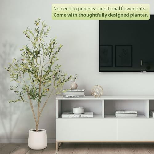 VIVATREES Artificial Olive Tree, 7FT Tall Faux Olive Tree with White Planter, Artificial Plants with Natural Wood Trunk and Lifelike Fruits for Home Office Decor - color: White-7ft, size: 10in