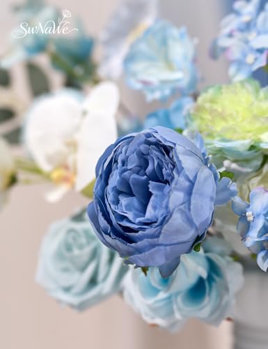 Baby Blue Flowers Artificial Roses Combo Set Fake Blue Silk Flowers Faux Peony Flowers Mix Hydrangea Orchid with Stems for Wedding Bouquets Baby Bridal Shower Party Floral Arrangements Decor - color: Sky Blue, size: The Modern Classic