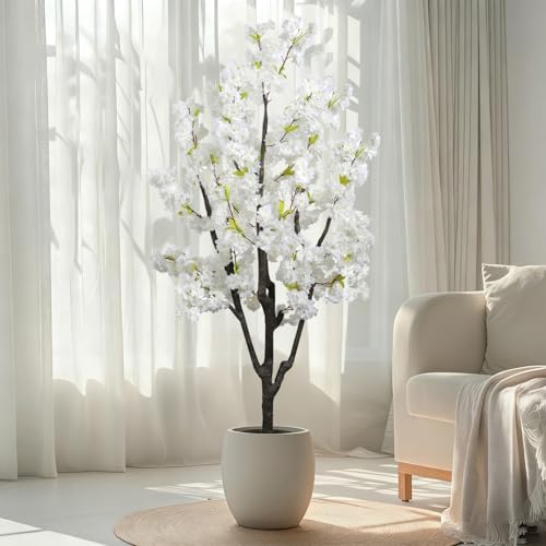 Faux White Cherry Blossom 6ft(72in) Artificial Floor Green Plant for Indoor Decor Natural Potted Tree with Texture Flowers Realistic Wood Trunk for Home Living Room,Office Perfect Housewarming Gift - color: Cherry Blossom(white 8), size: 6ft