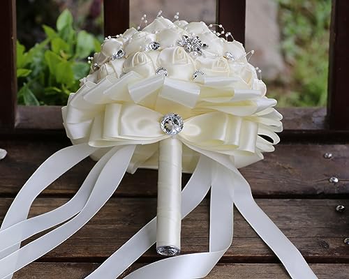 Wedding Bouquets for Bride Bridesmaid Brooch Bouquet Handmade Artificial Flower Tossing Bouquet for Wedding Ceremony Anniversary(Ivory,15cm, 1PC) - color: Ivory, size: 5.9 inches