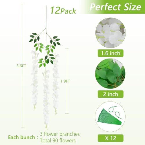 12Pcs Artificial Wisteria Hanging Flowers, 3.6Ft/Pcs White Fake Wisteria Garland for Wedding Party Home Garden Indoor Outdoor Decoration - color: White, size: 12Pcs