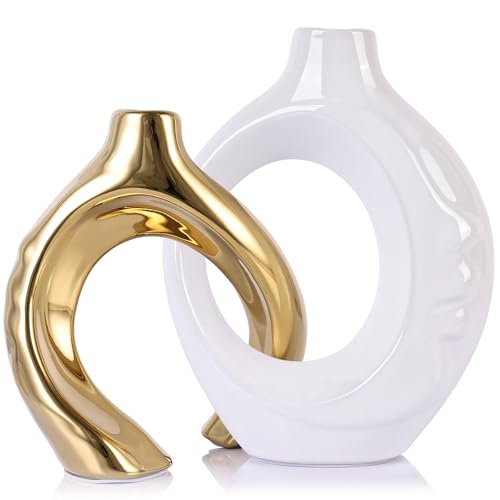 LCCCK White and Gold Ceramic Vases for Home Decor, Boho Vase for Flowers Pampas Grass Decorative, White Gold Hollow Donut Small Vase for Living Room Table Wedding Centerpiece Modern Vases - color: White and Gold