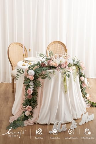 Ling's moment 9FT Spring Flower Garland for Backdrop Decorations - Wedding Arch Flowers, Eucalyptus & Rose, Artificial Floral Garland for Mantle - Sweetheart Table Decor for Reception, Dusty Rose - color: Pk-dusty Rose & Cream