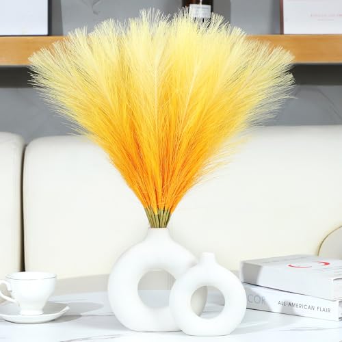 Ureymx Faux Pampas Grass Decor 17.7 Inch 30pcs, Pompas Grass Flower Arrangement and Vase Filler Artificial Pampas Grass Short Decor for Boho Home Wedding Decoration (Gradient Yellow) - color: Gradient Yellow, size: 17 Inch 30 Pcs