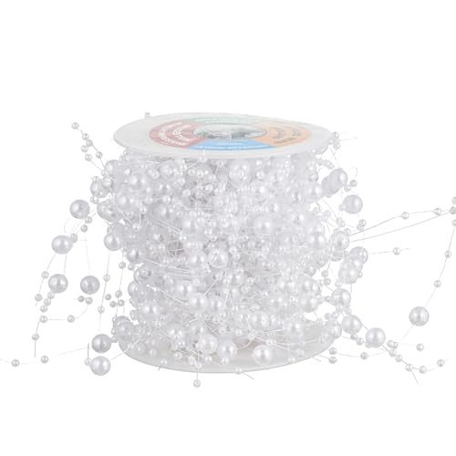 13Feet Pearl String Spool Roll for Floating Candles Faux Pearls Strands Garland for Vase Filler Wedding Centerpiece Christmas Table Decor (White) - color: White