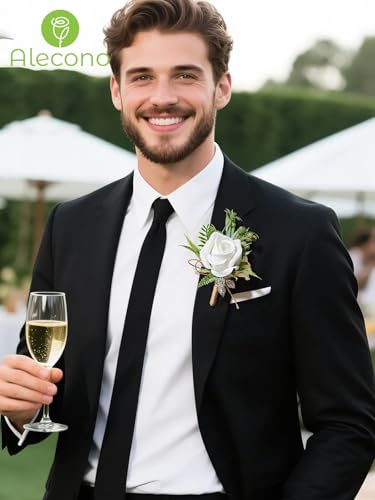 Alecono White Corsage and Boutonniere Set, Rose Bride Wrist Corsage and Groom Boutonniere for Wedding Prom Flower Accessories Suit Decorations - color: White, size: Corsage and Boutonniere Set