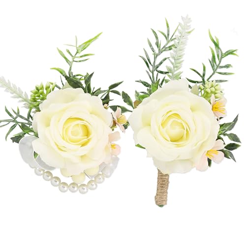 White Corsages and Pocket Boutonniere Set 2pcs Groom Boutonniere for Wedding，Prom Corsage Wristlet Bracelets，White Corsages for Men Prom Decor - color: White Pink Corsage - Single Chain