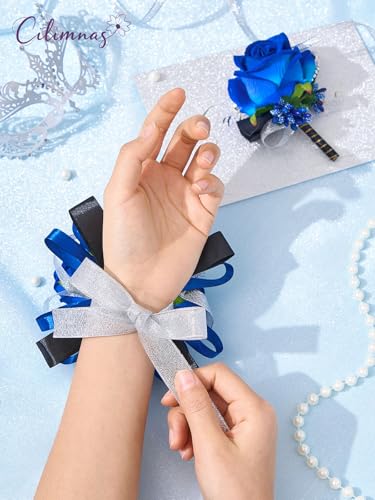 Prom Corsage and Boutonniere Set Blue,Artificial Silk Rose Wrist Corsage for Homecoming, Formal Dance Party, Wedding,Graduation,Anniversary - color: Blue