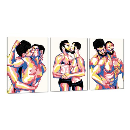 Sexy Men Gay Wall Art Canvas Paintings Colorful Nordic Sexy Home Wall Decoration Poster Gift for Lovers Friends Wooden Inner Framed Ready to Hang-20x28 inch x 3pcs - color: Art08, size: 20x28x3pcs