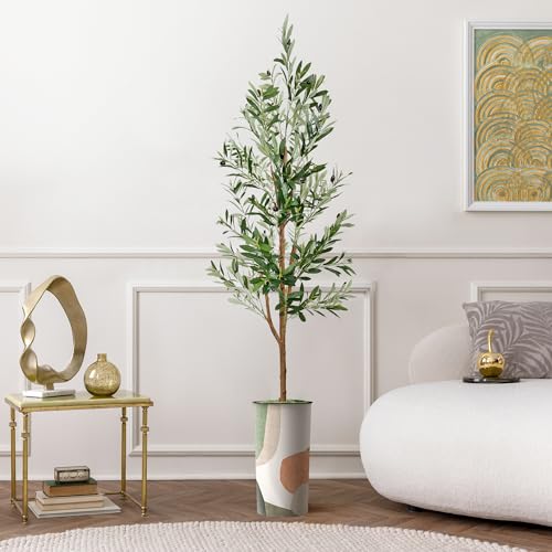 Artificial Tree in Multicolor Textured Geometric Shapes Illustrations Planter, Fake Olive Silk Tree for Indoor and Outdoor Home Decoration - 68" Overall Tall (Plant Pot Plus Tree) - style: Olive Tree
