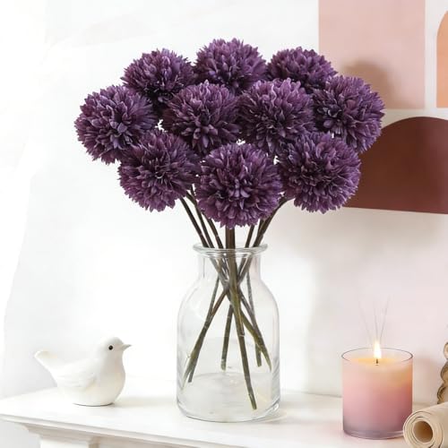 Artificial Chrysanthemum Ball Flowers Bouquet 10pcs Present for Important People Glorious Moral for Home Office Coffee House Parties and Wedding (Purple) - color: Purple